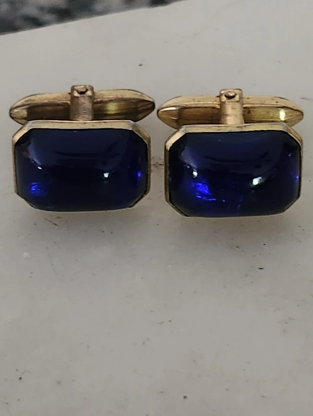 Vtg Gold-Tone Cufflinks with Deep Blue Glass Inset